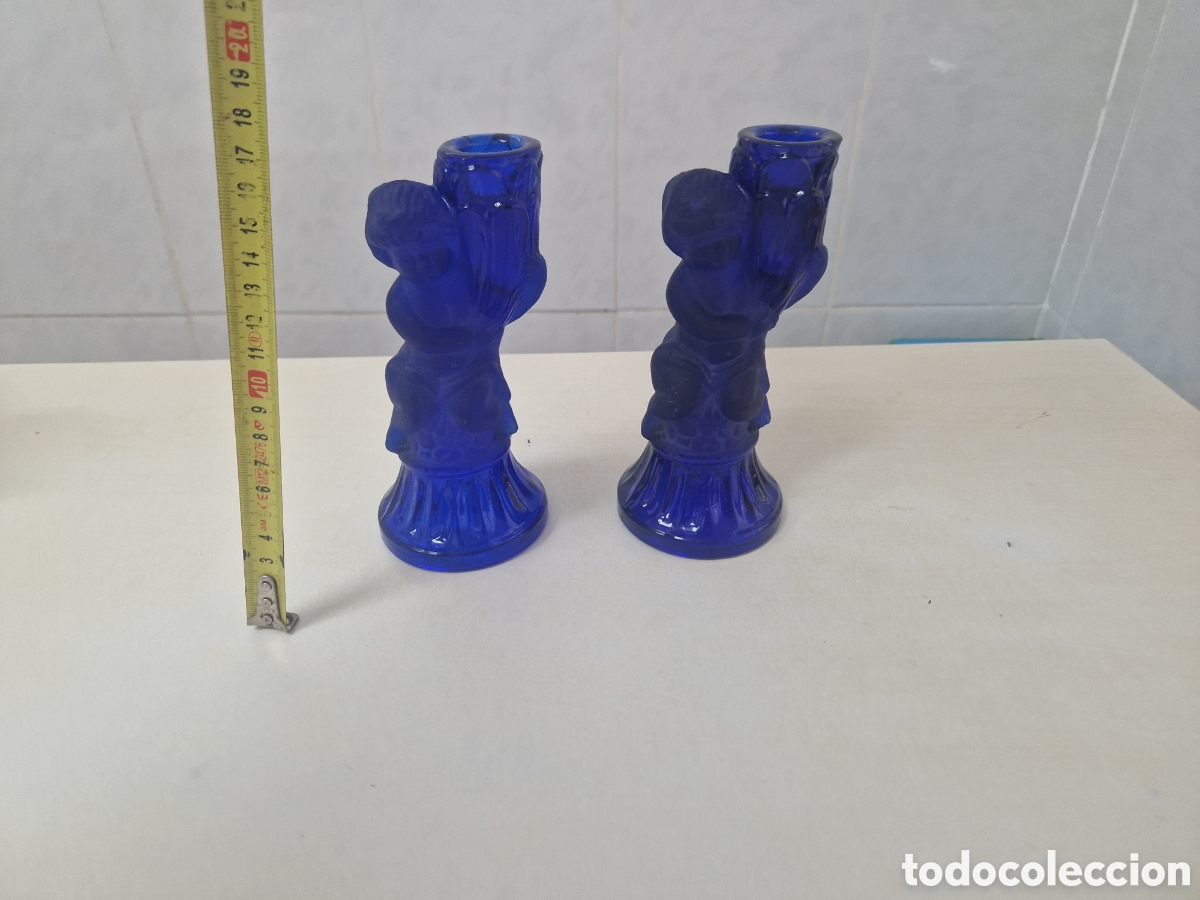 Antig&uuml;edades: BONITOS POSABELAS DE CRISTAL AZUL - Foto 11