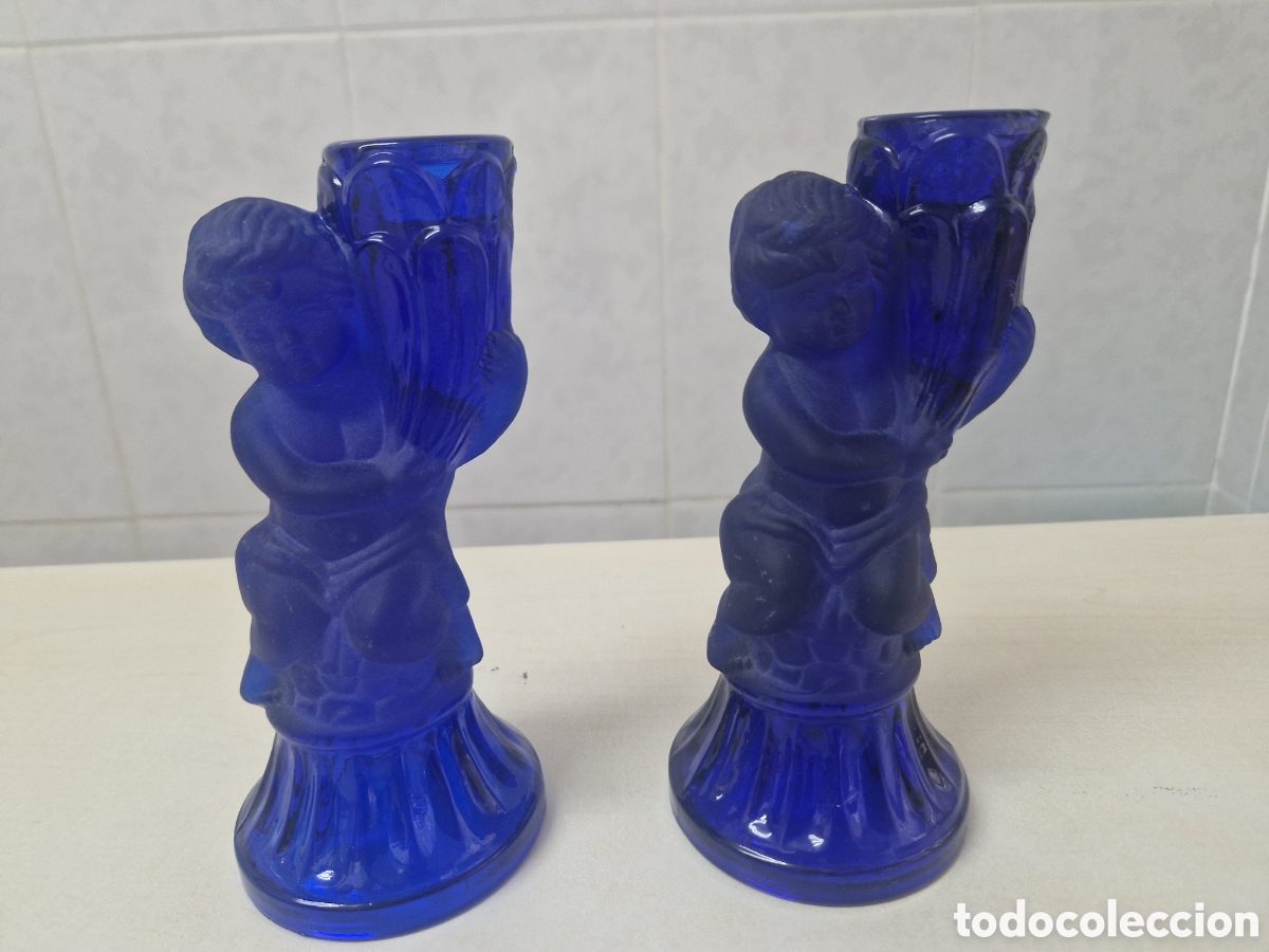 Antig&uuml;edades: BONITOS POSABELAS DE CRISTAL AZUL - Foto 13