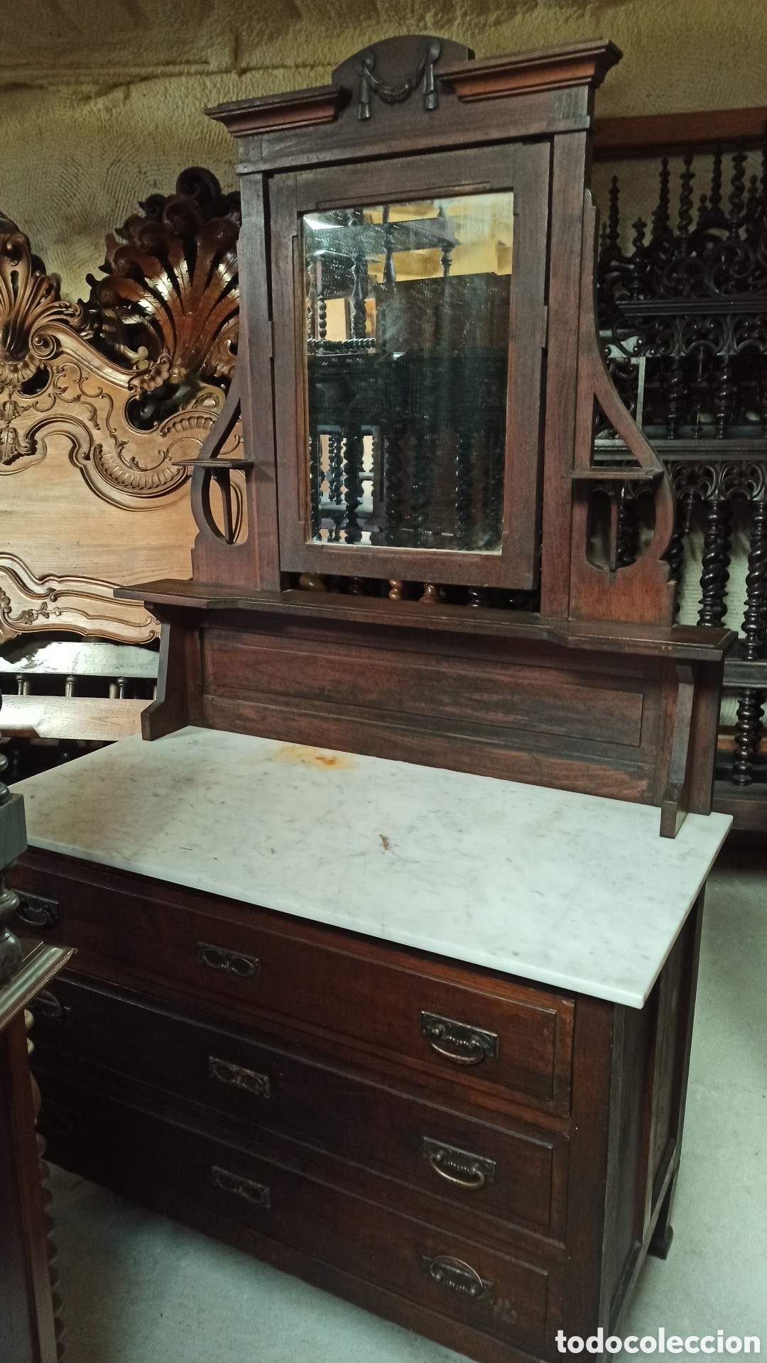 Antig&uuml;edades: C&oacute;moda Tocador antiguo con espejo y m&aacute;rmol - Foto 1