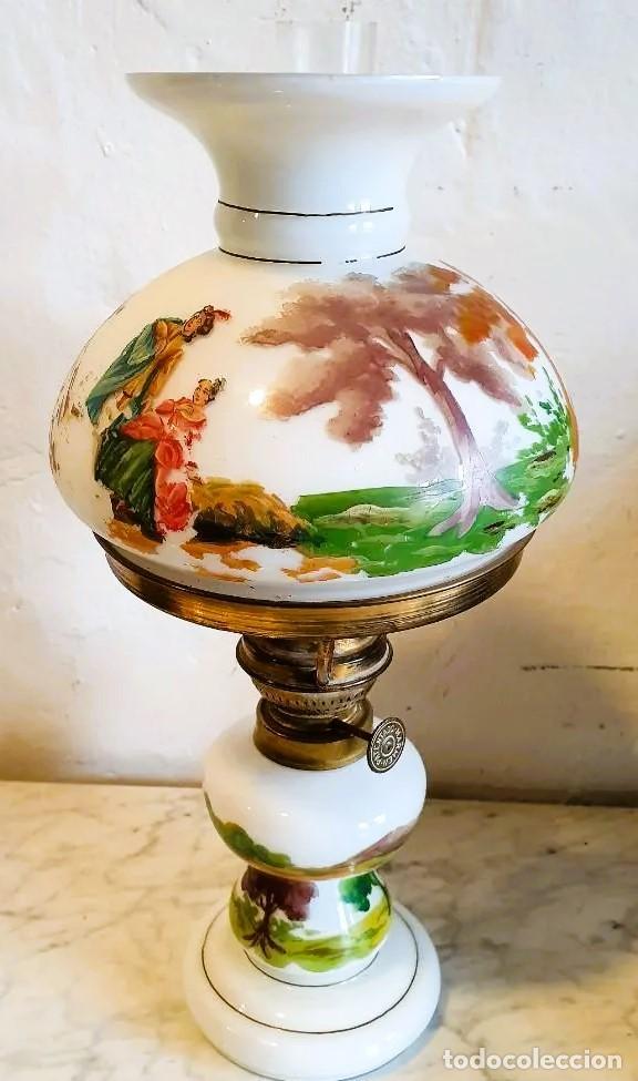 Antig&uuml;edades: ANTIGUO QUINQUE DE OPALINA DECORADO A MANO - Foto 1