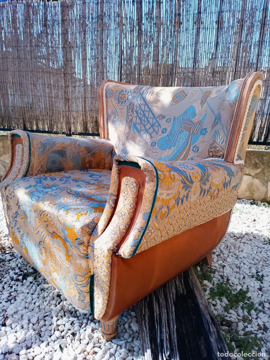 Antig&uuml;edades: Sill&oacute;n artesanal seda/ cuero restaurado - Foto 4