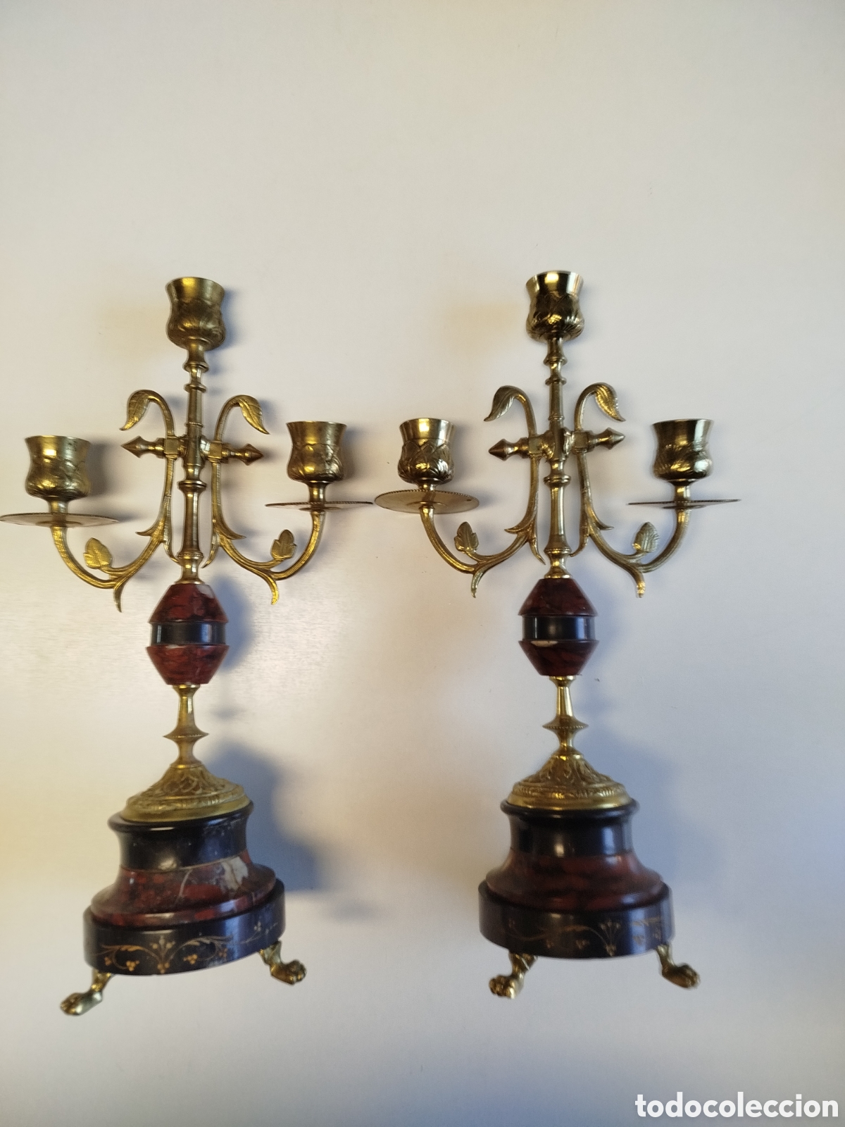 Antig&uuml;edades: Pareja de candelabros en bronce y m&aacute;rmol. - Foto 1