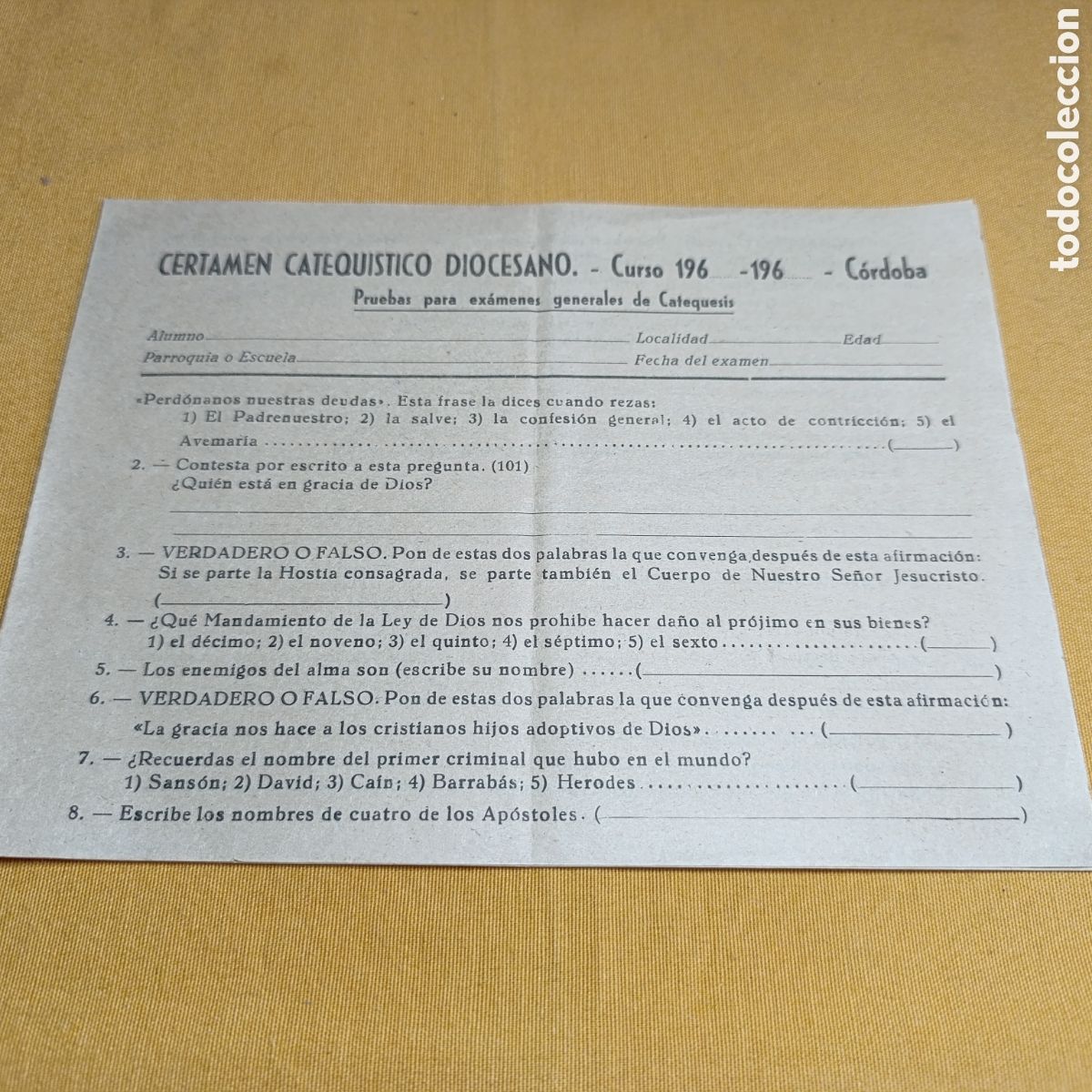 Antiguidades: CORDOBA,Certamen catequ&iacute;stico diocesano,prueba de examen, a&ntilde;os 60,sin uso