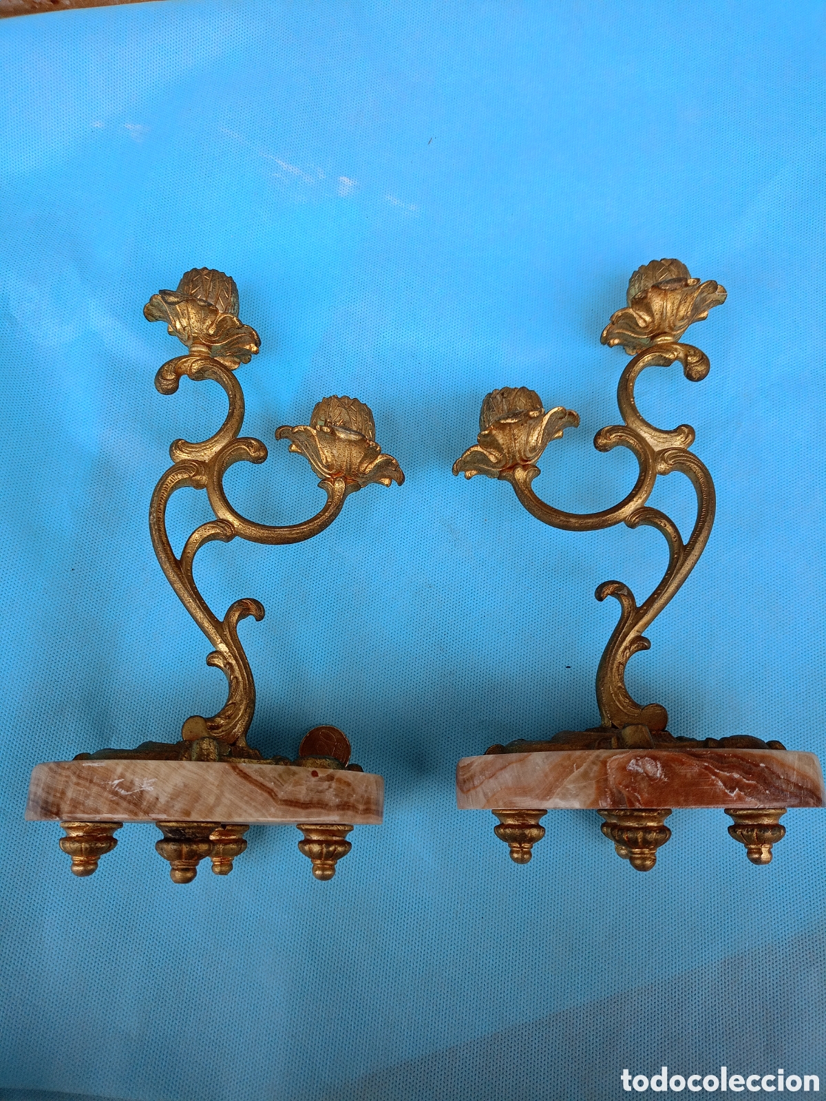 Antig&uuml;edades: PAREJA DE CANDELABROS EN BRONCE Y M&Aacute;RMOL - Foto 6