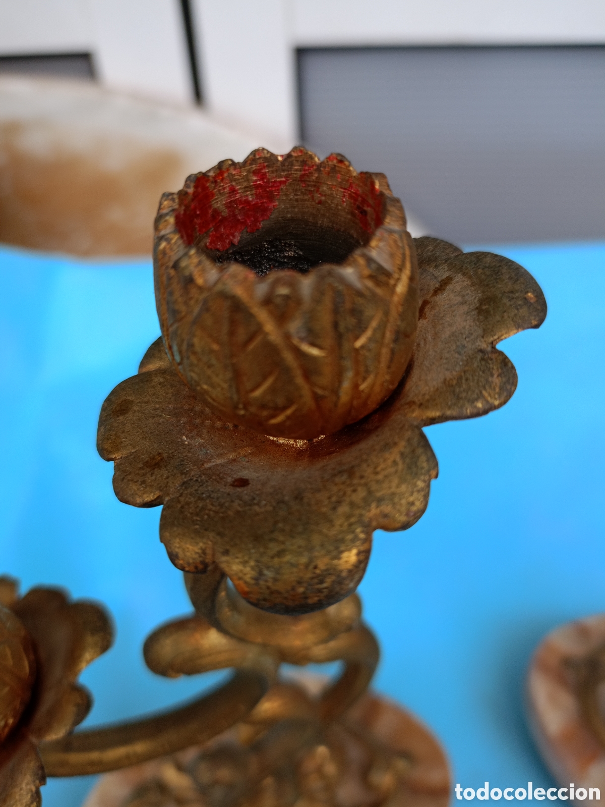 Antig&uuml;edades: PAREJA DE CANDELABROS EN BRONCE Y M&Aacute;RMOL - Foto 7