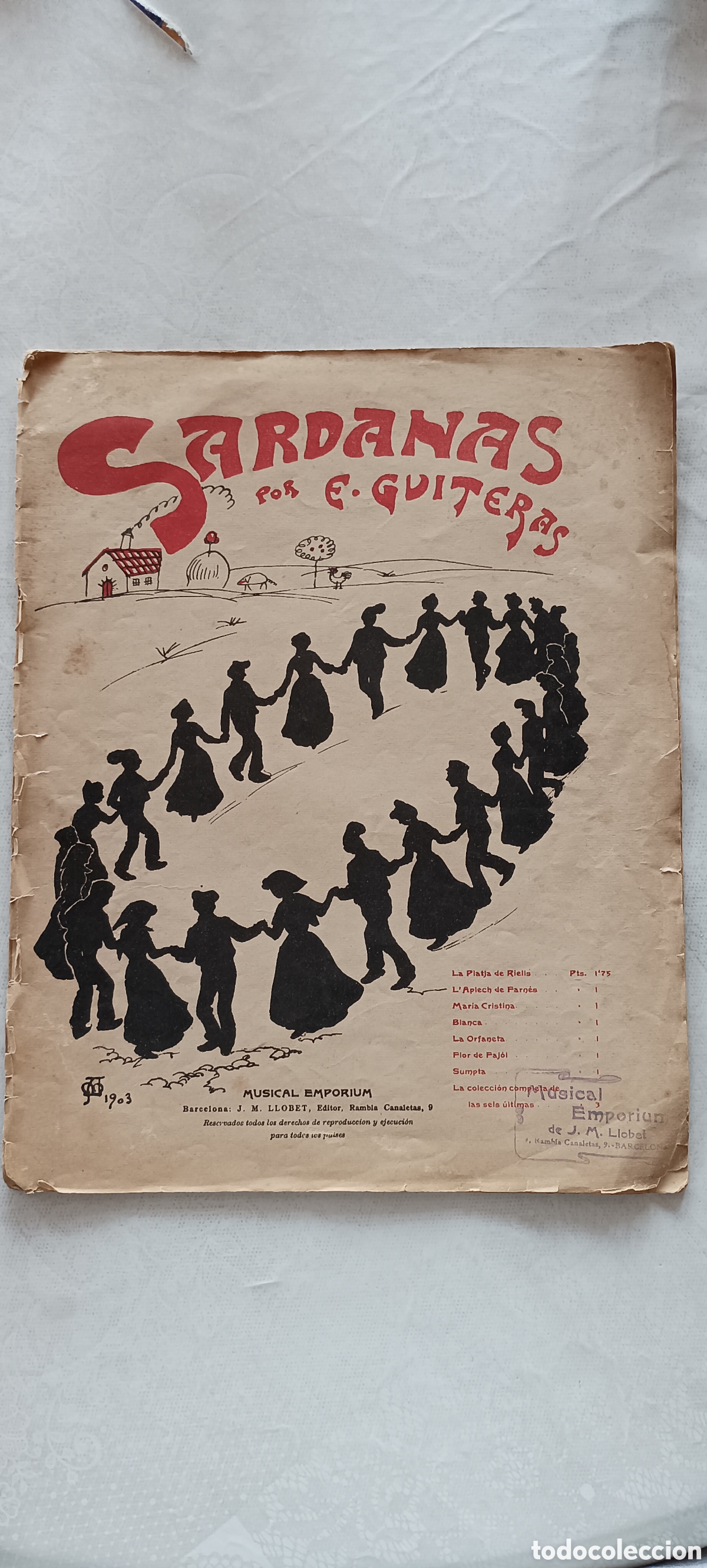 Antiguidades: Sardanas por E.Guiteras. Musical Emp&ograve;rium J.M.Llobet.Portada Apel.les Mestres.1903.