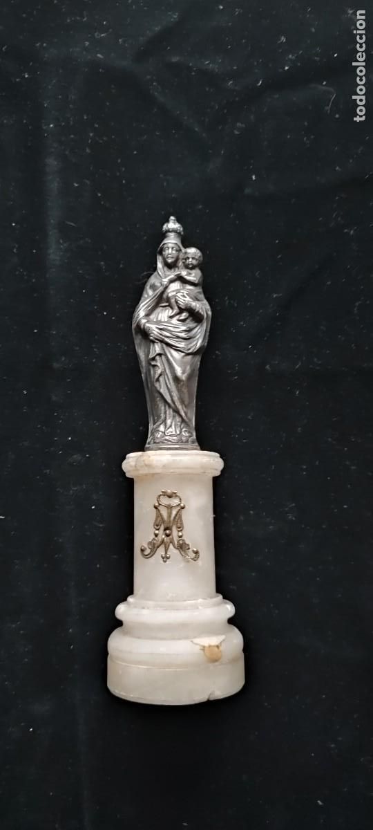 Antiques: Antigua Virgen del Pilar de plata sobre pedestal de alabastro