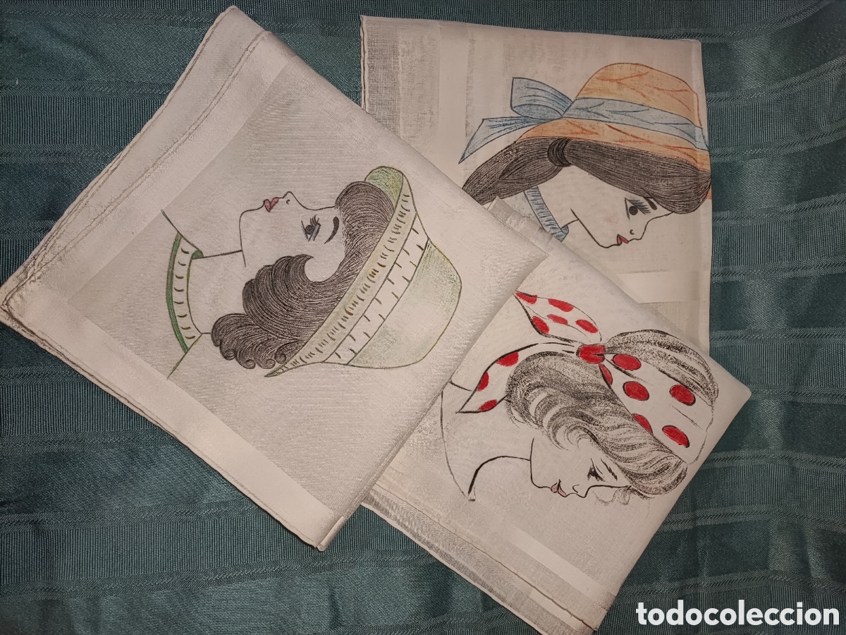 Antig&uuml;edades: 3 pa&ntilde;uelos de bolsillo pintados. - Foto 1