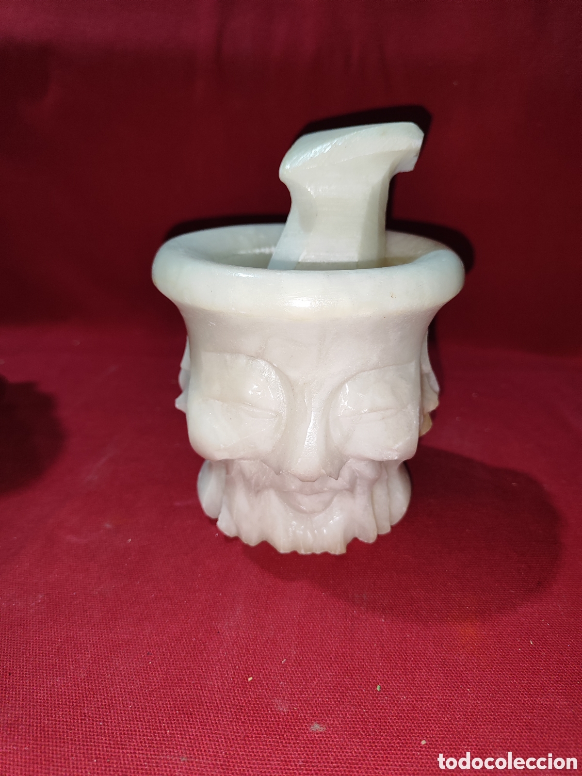 Antig&uuml;edades: Mortero de m&aacute;rmol tallado rostro cara monje tibetano