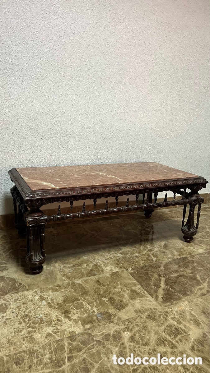 Antig&uuml;edades: Antigua Mesa de Centro de Madera y Marmol Rojo imperial - Foto 2