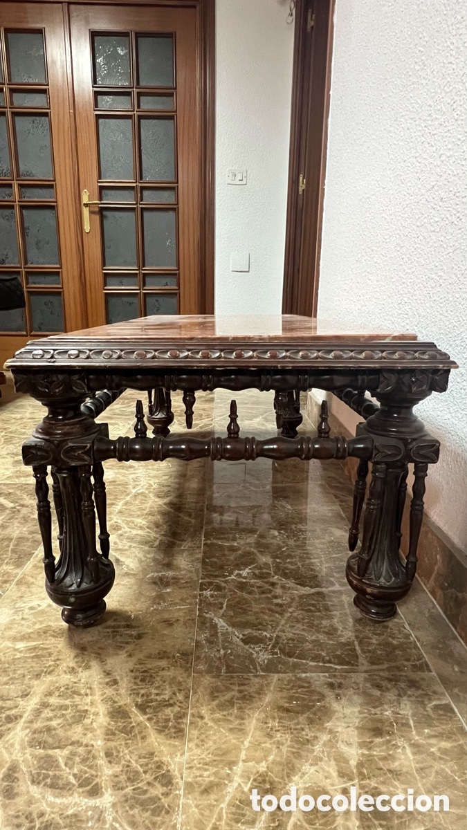 Antig&uuml;edades: Antigua Mesa de Centro de Madera y Marmol Rojo imperial - Foto 8