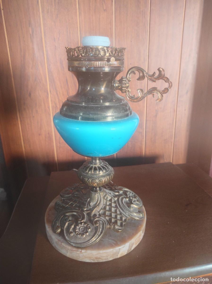 Antig&uuml;edades: ANTIGUO PIE DE LAMPARA DE OPALINA, BRONCE Y MARMOL. - Foto 1