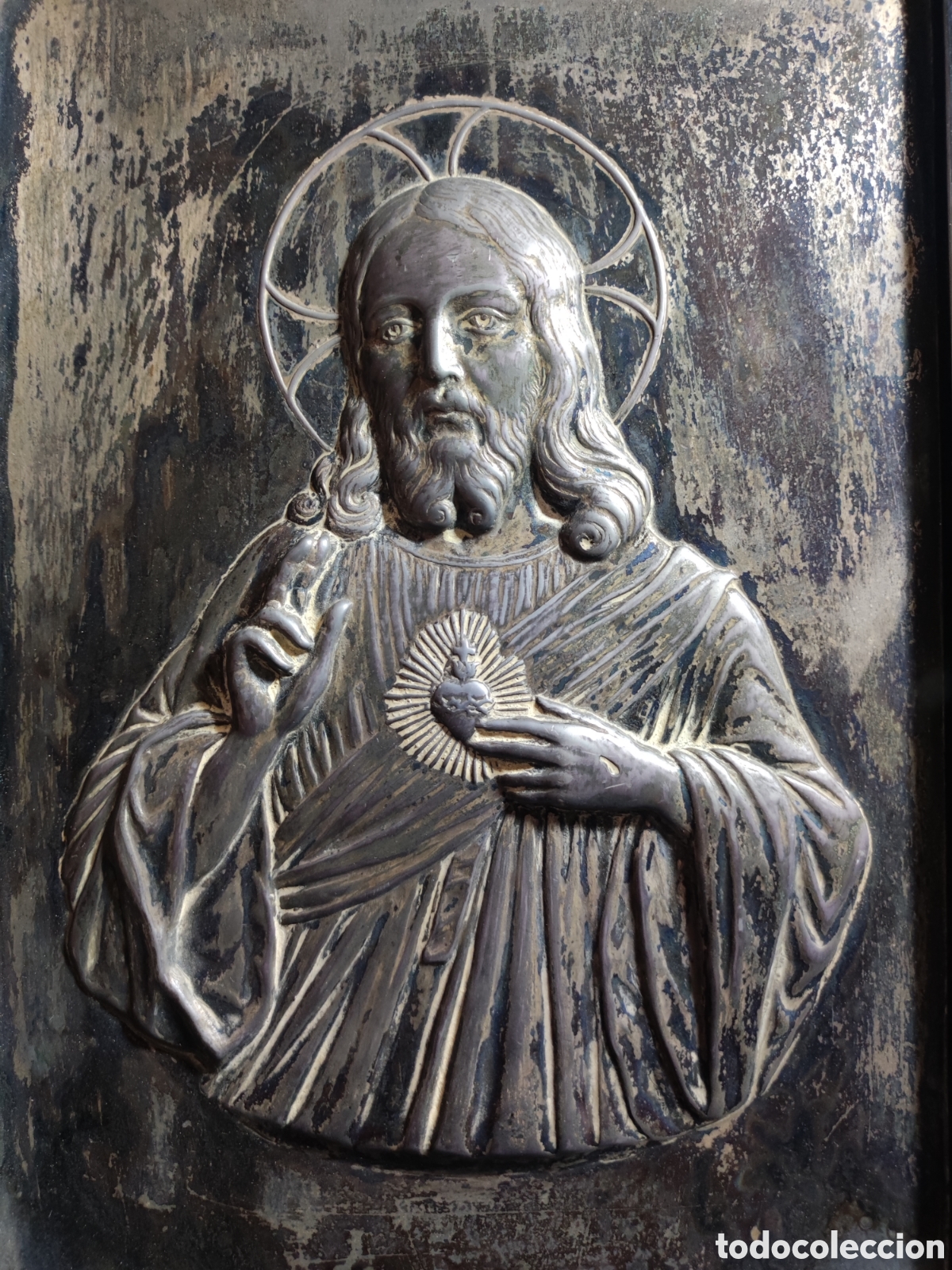 Antig&uuml;edades: Coraz&oacute;n de Jes&uacute;s enmarcado de esta&ntilde;o - Foto 2