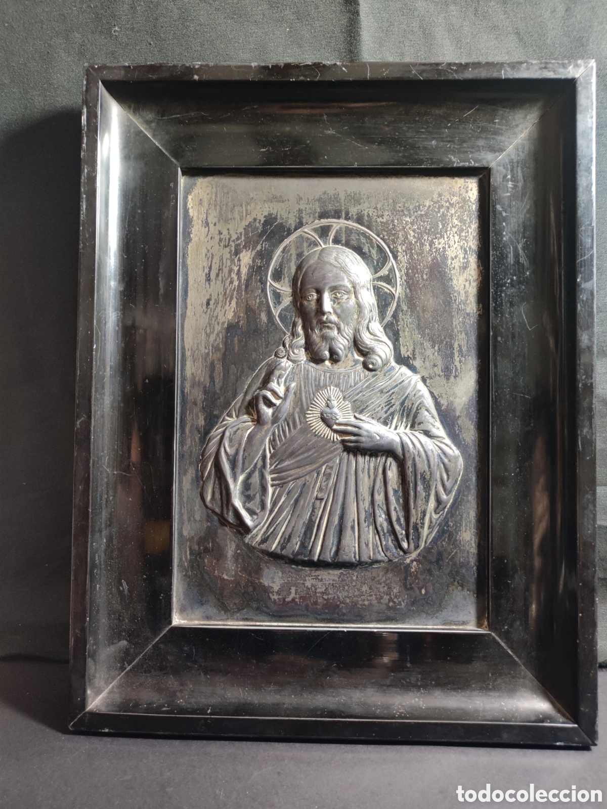 Antig&uuml;edades: Coraz&oacute;n de Jes&uacute;s enmarcado de esta&ntilde;o - Foto 1