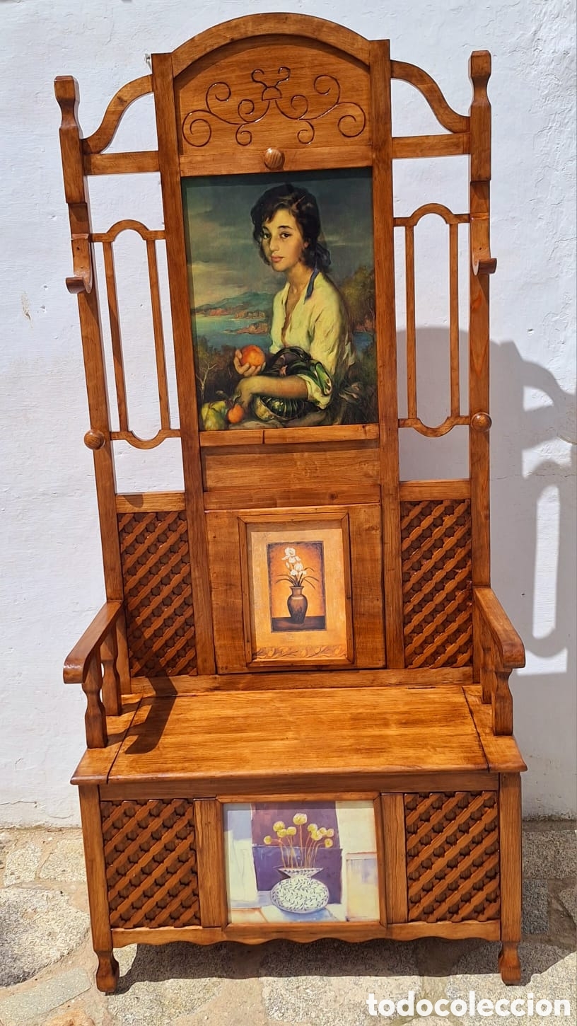 Antig&uuml;edades: Banco de madera para entrada y perchero con baul - Foto 2