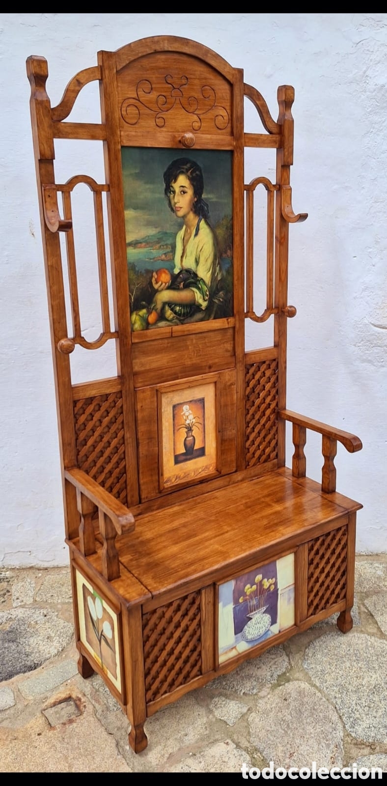 Antiquit&eacute;s: Banco de madera para entrada y perchero con baul