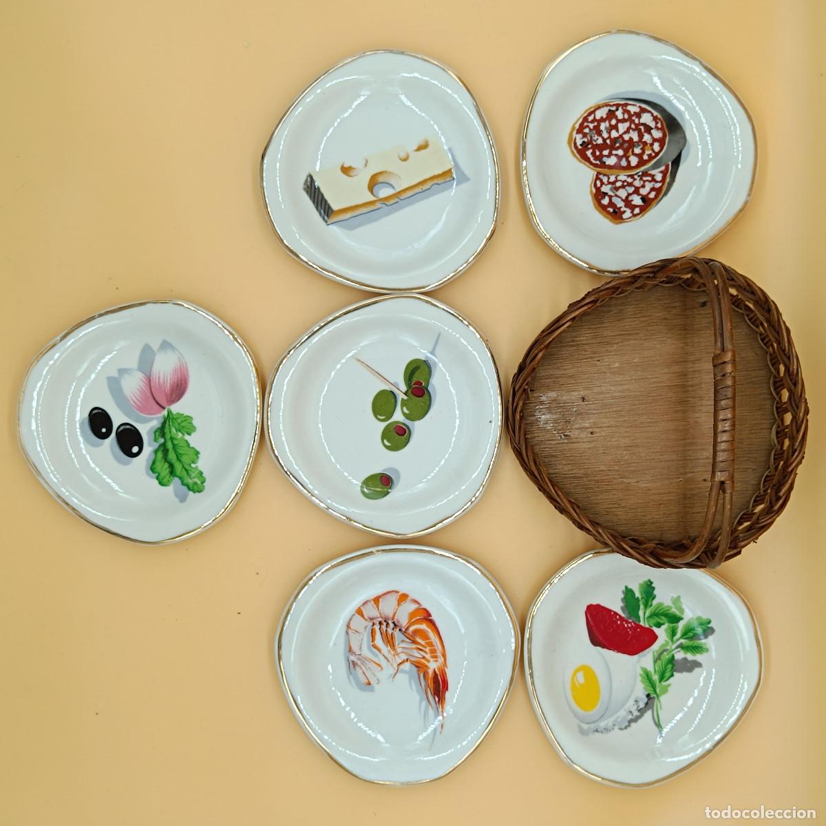 Antig&uuml;edades: SET DE MIMBRE CON 6 PLATITOS DE PICOTEO HISPANIA. - Foto 3