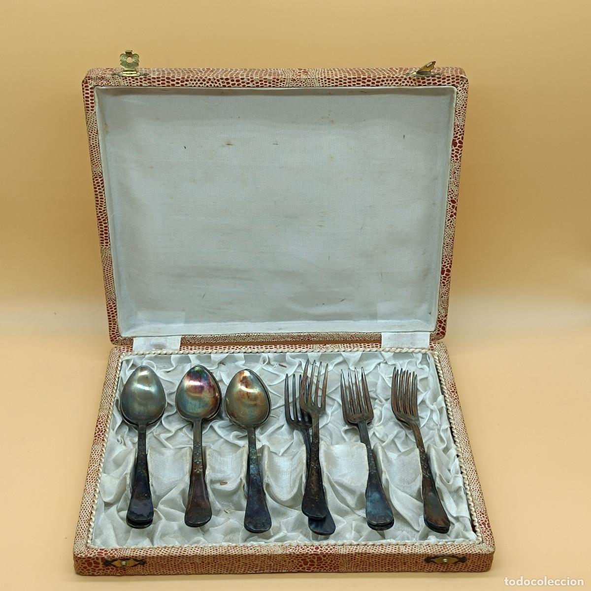 Antig&uuml;edades: ESTUCHE CON 6 CUCHARAS Y 6 TENEDORES DE POSTRE. - Foto 1