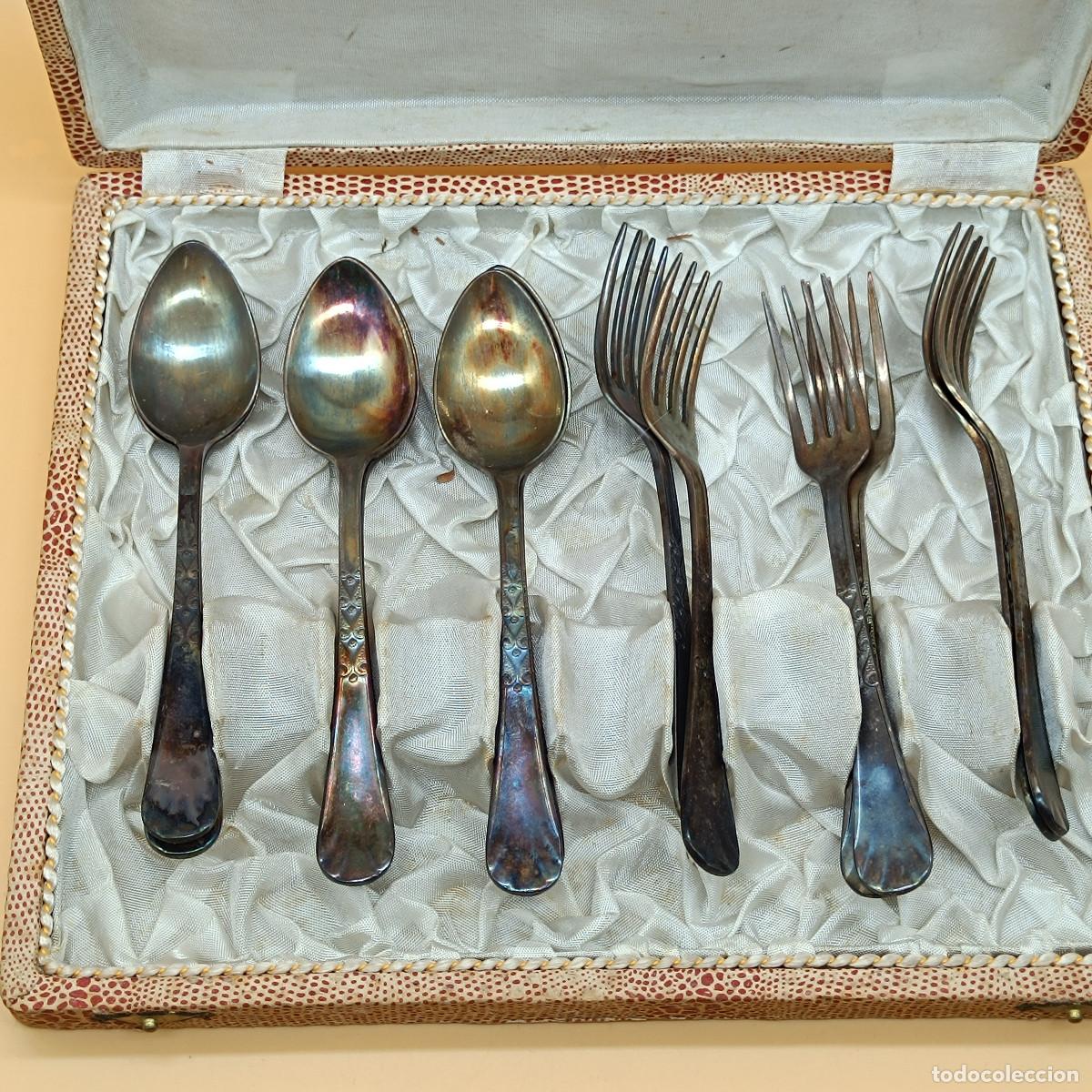 Antig&uuml;edades: ESTUCHE CON 6 CUCHARAS Y 6 TENEDORES DE POSTRE. - Foto 4