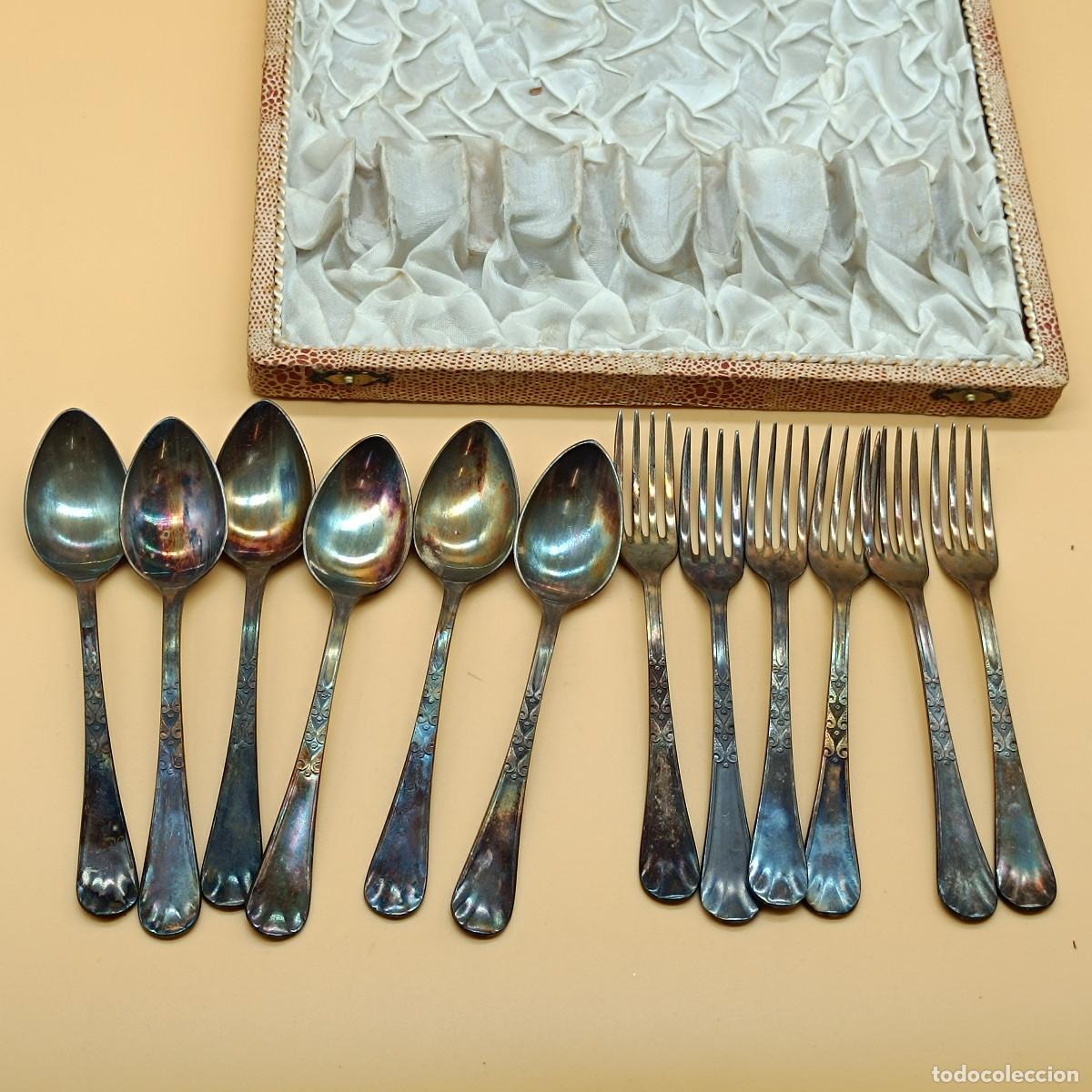 Antig&uuml;edades: ESTUCHE CON 6 CUCHARAS Y 6 TENEDORES DE POSTRE. - Foto 5
