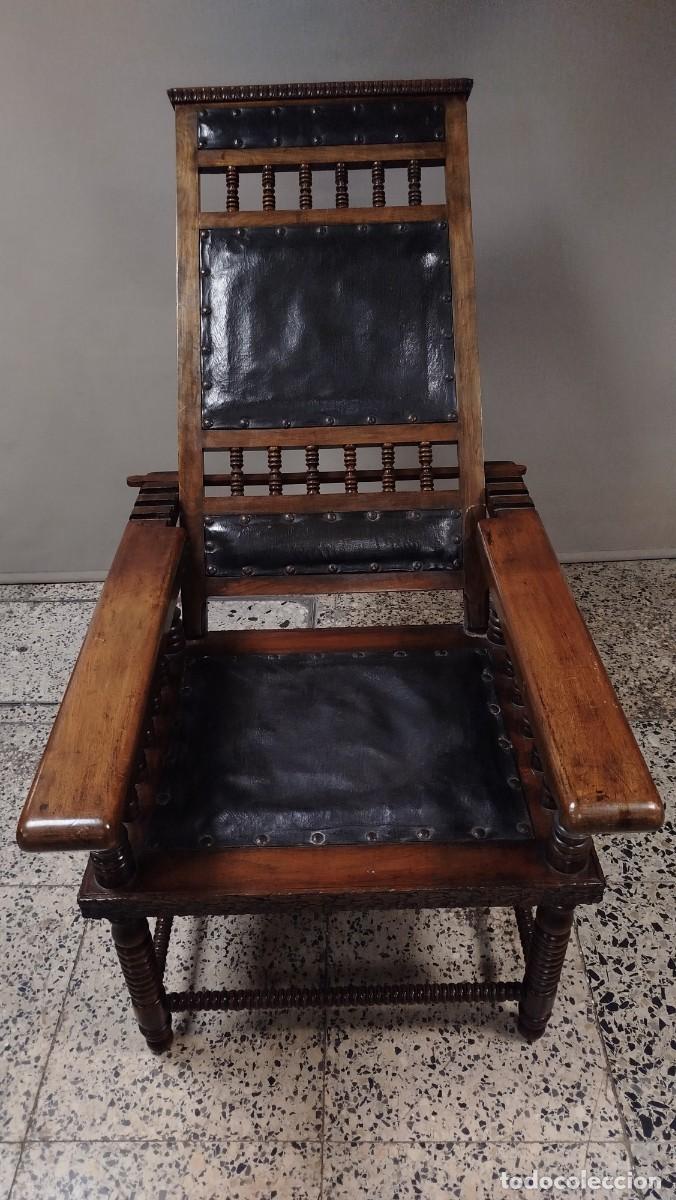 Antig&uuml;edades: SILLON RUSTICO ABATIBLE DE MADERA Y CUERO SIGLO XIX - Foto 8