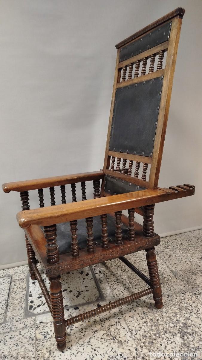 Antig&uuml;edades: SILLON RUSTICO ABATIBLE DE MADERA Y CUERO SIGLO XIX - Foto 10