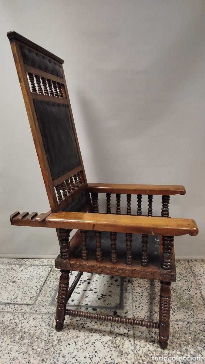 Antig&uuml;edades: SILLON RUSTICO ABATIBLE DE MADERA Y CUERO SIGLO XIX - Foto 14