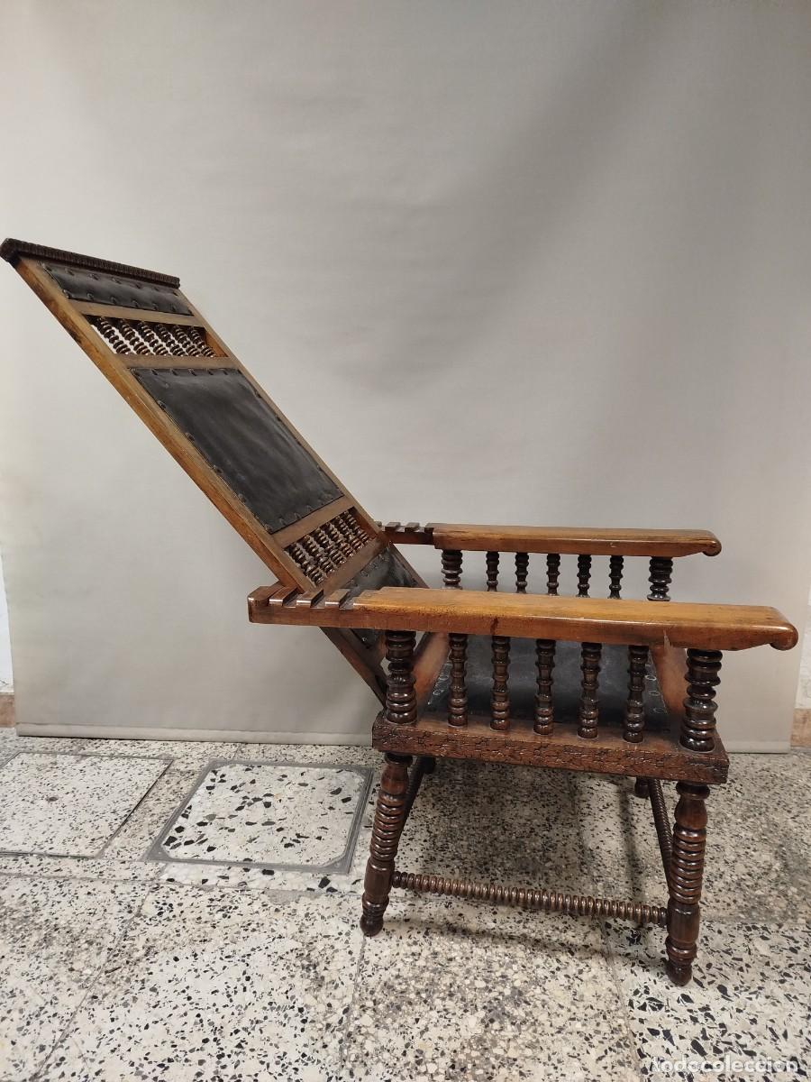 Antig&uuml;edades: SILLON RUSTICO ABATIBLE DE MADERA Y CUERO SIGLO XIX - Foto 15