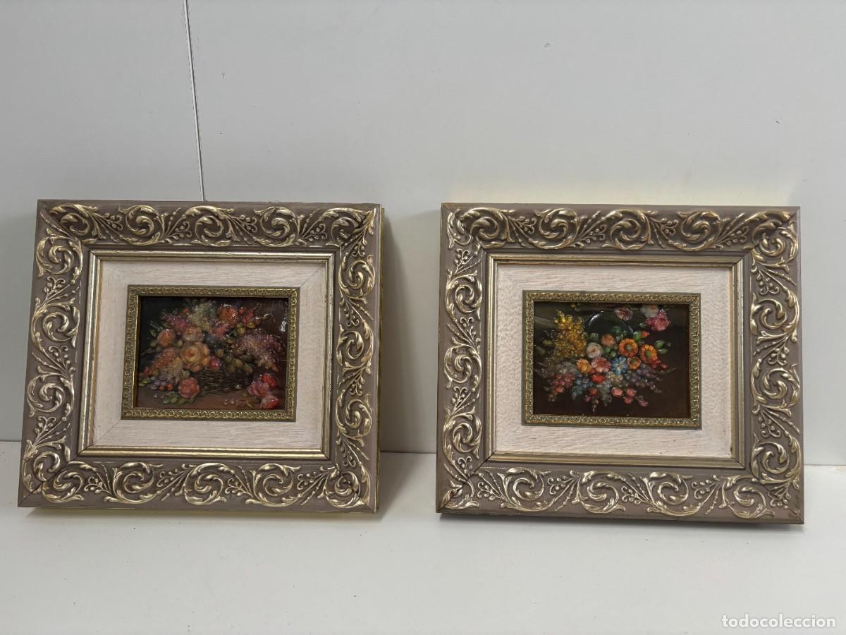 Antig&uuml;edades: 2 CUADROS ESMALTE FLORES RELIEVE CON MARCO VINTAGE