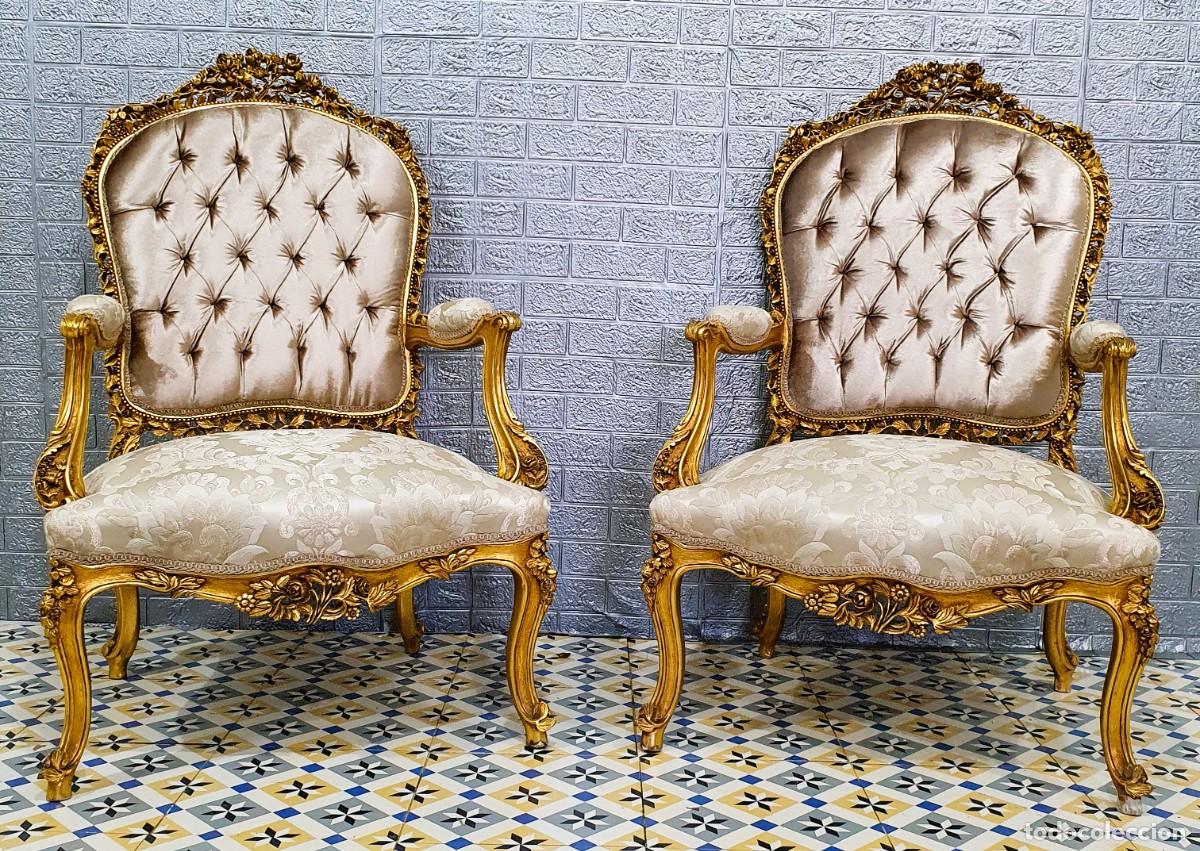 Antig&uuml;edades: Conjunto sof&aacute; con dos sillones estilo Luis XV madera en pan de oro REF LM - Foto 10