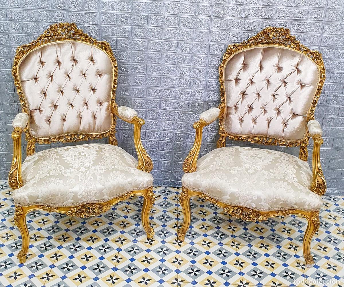 Antig&uuml;edades: Conjunto sof&aacute; con dos sillones estilo Luis XV madera en pan de oro REF LM - Foto 11