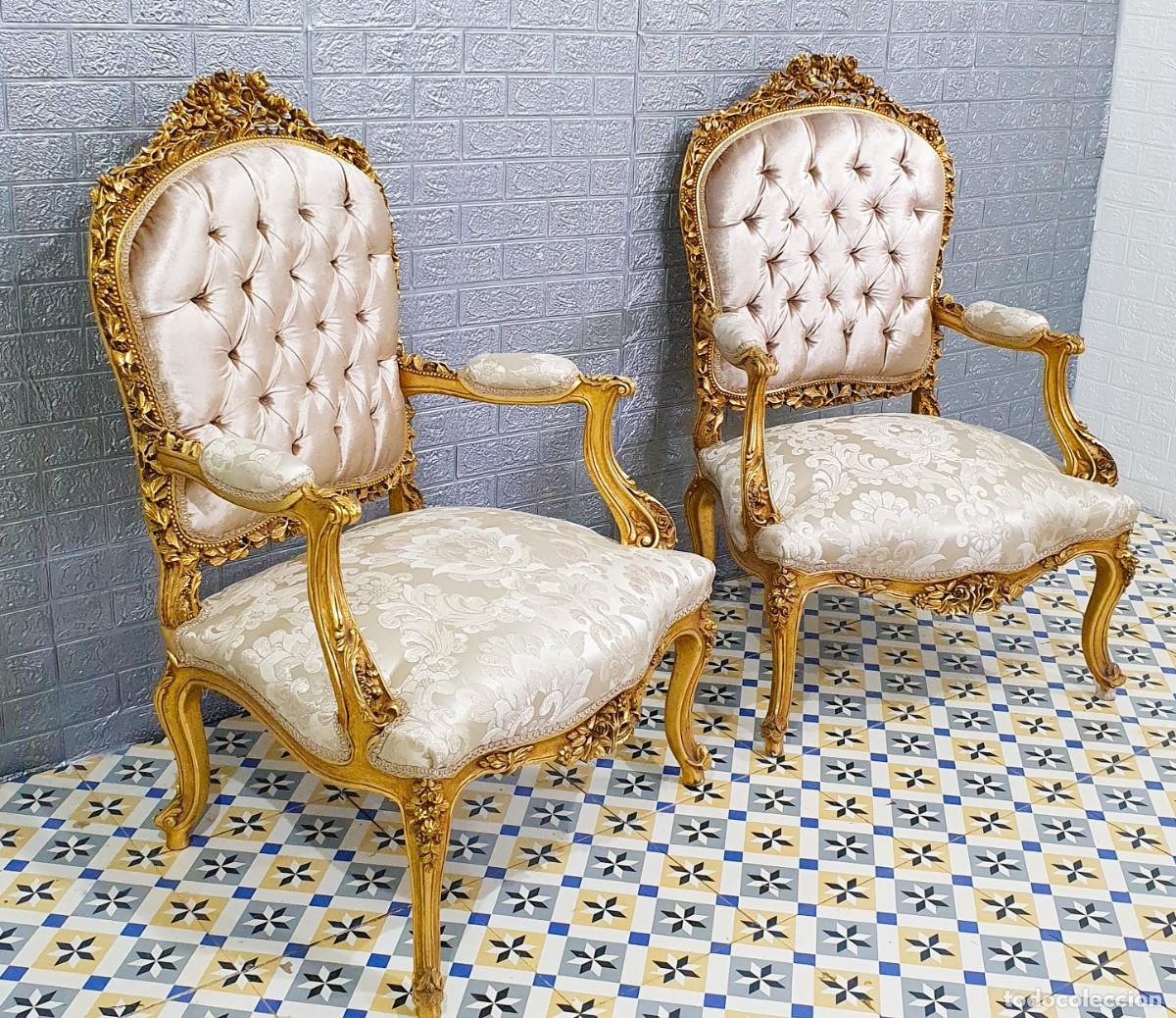 Antig&uuml;edades: Conjunto sof&aacute; con dos sillones estilo Luis XV madera en pan de oro REF LM - Foto 12