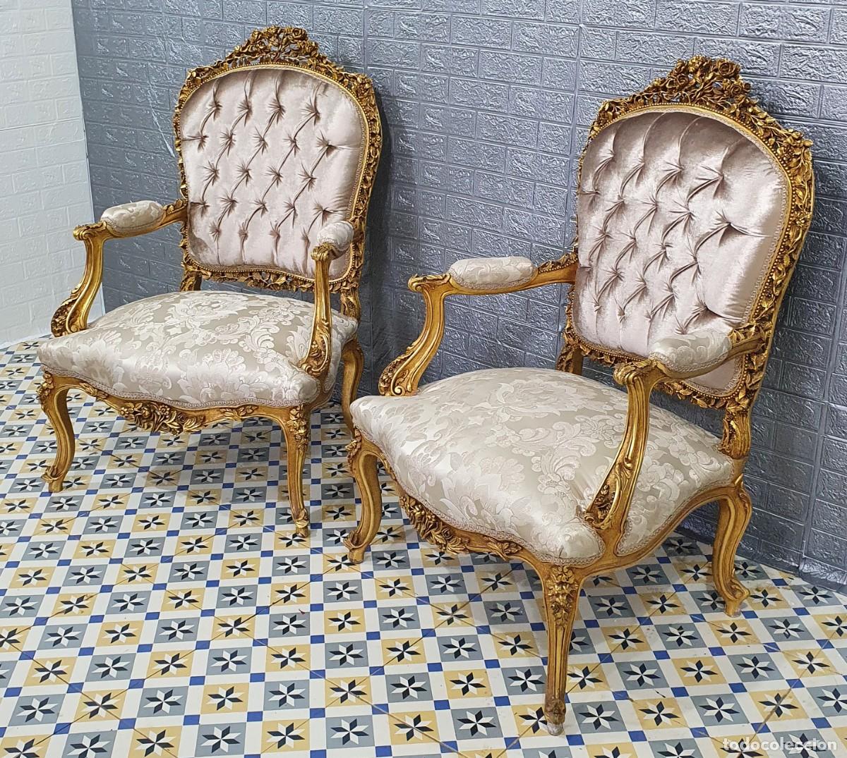 Antig&uuml;edades: Conjunto sof&aacute; con dos sillones estilo Luis XV madera en pan de oro REF LM - Foto 13