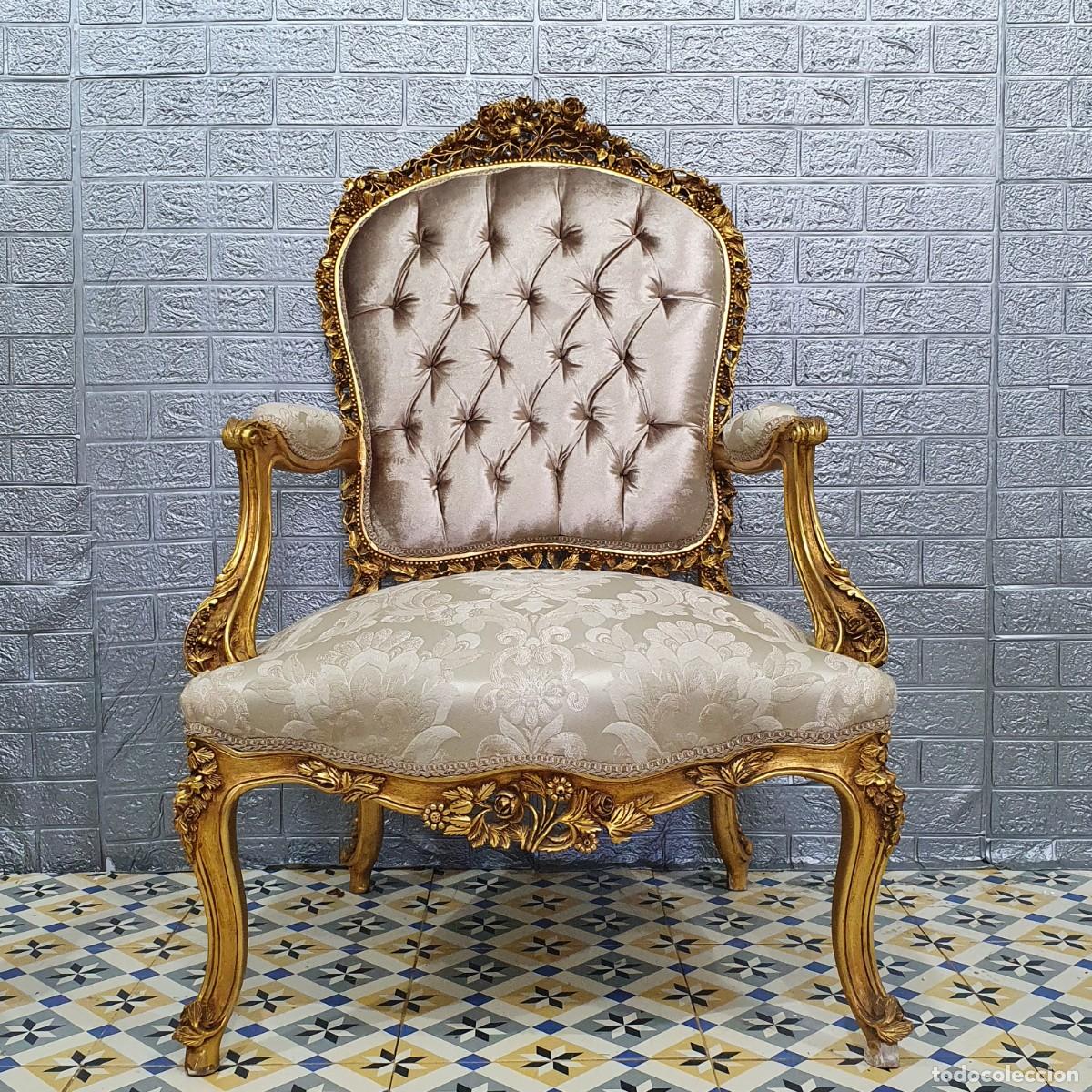 Antig&uuml;edades: Conjunto sof&aacute; con dos sillones estilo Luis XV madera en pan de oro REF LM - Foto 14
