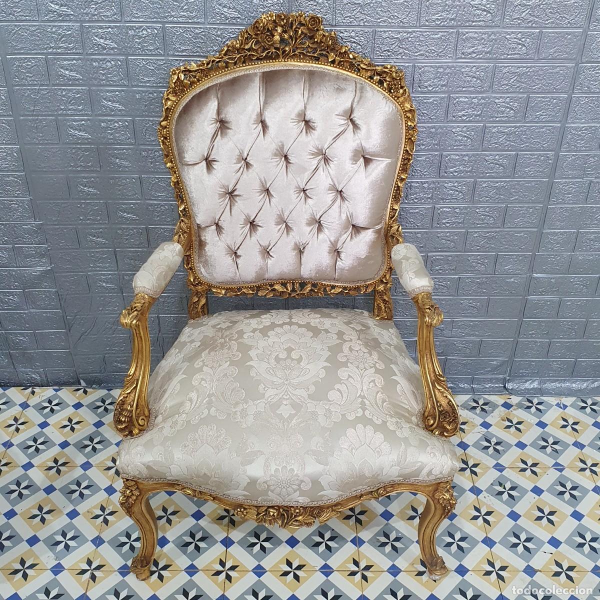 Antig&uuml;edades: Conjunto sof&aacute; con dos sillones estilo Luis XV madera en pan de oro REF LM - Foto 15