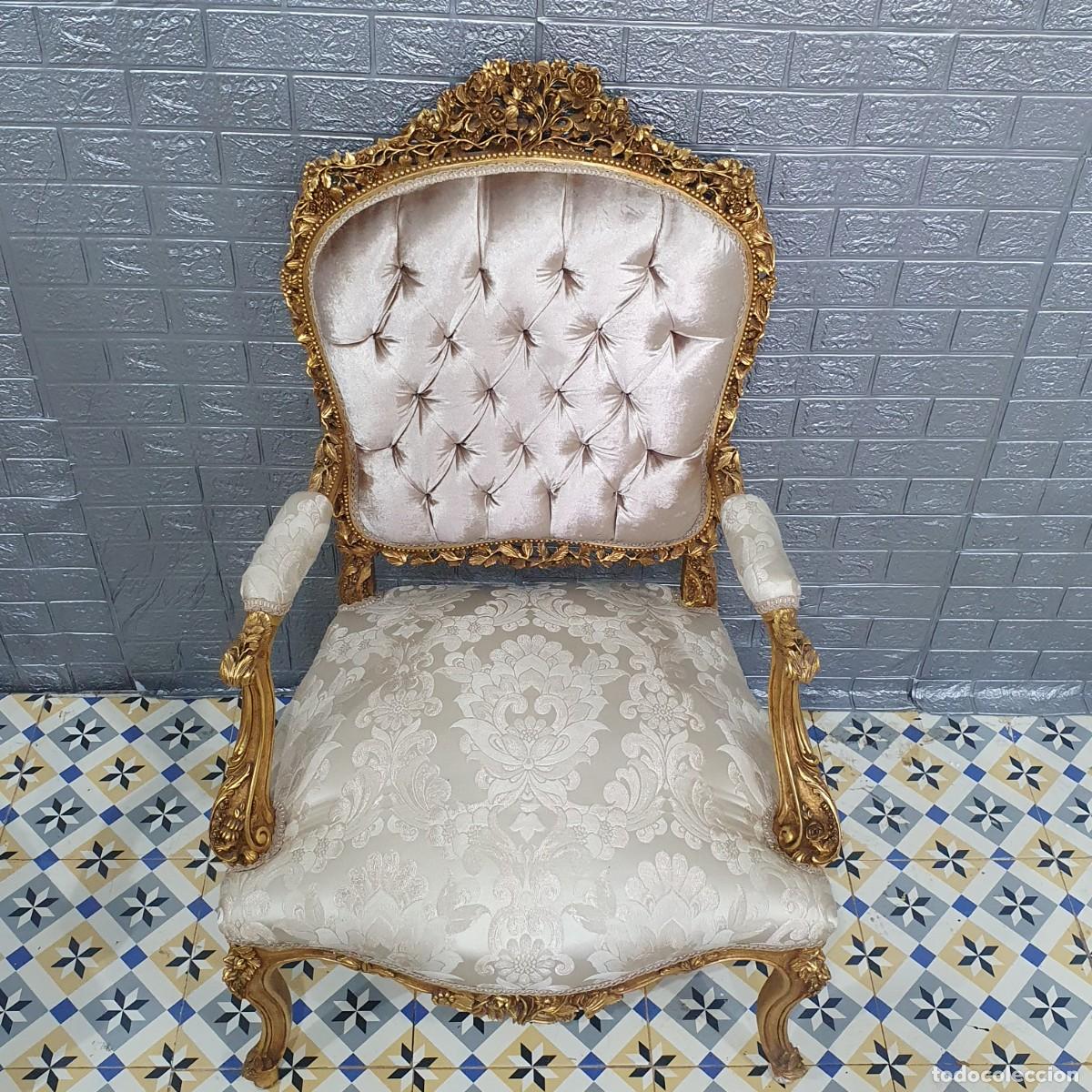 Antig&uuml;edades: Conjunto sof&aacute; con dos sillones estilo Luis XV madera en pan de oro REF LM - Foto 17