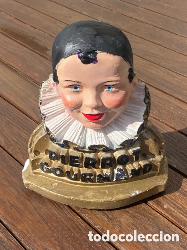 Antig&uuml;edades: BUSTO PUBLICITARIO. LOLLIPOP DISPLAY. PORTA PIRULETAS/CHUPAS PIERROT GOURMAND. YESO. C. 1940