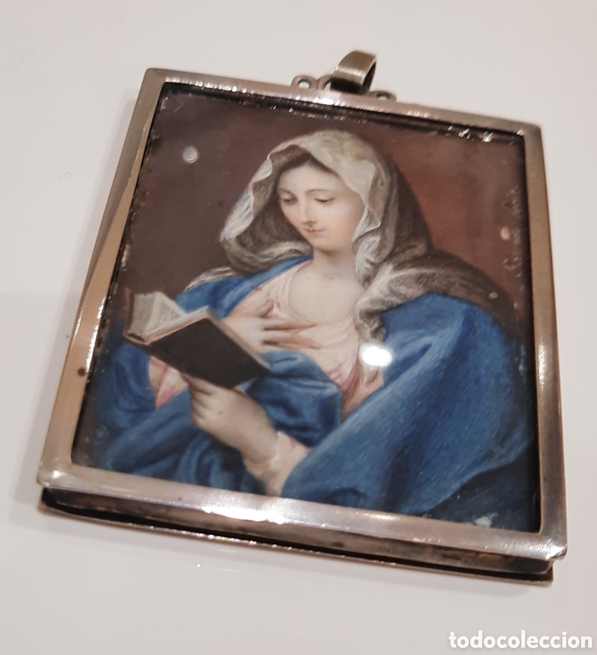 Antig&uuml;edades: Miniatura /relicario Virgen leyendo.S.XVIII, XIX? &Oacute;leo sobre lienzo? Relicario, firmada por Garrido.