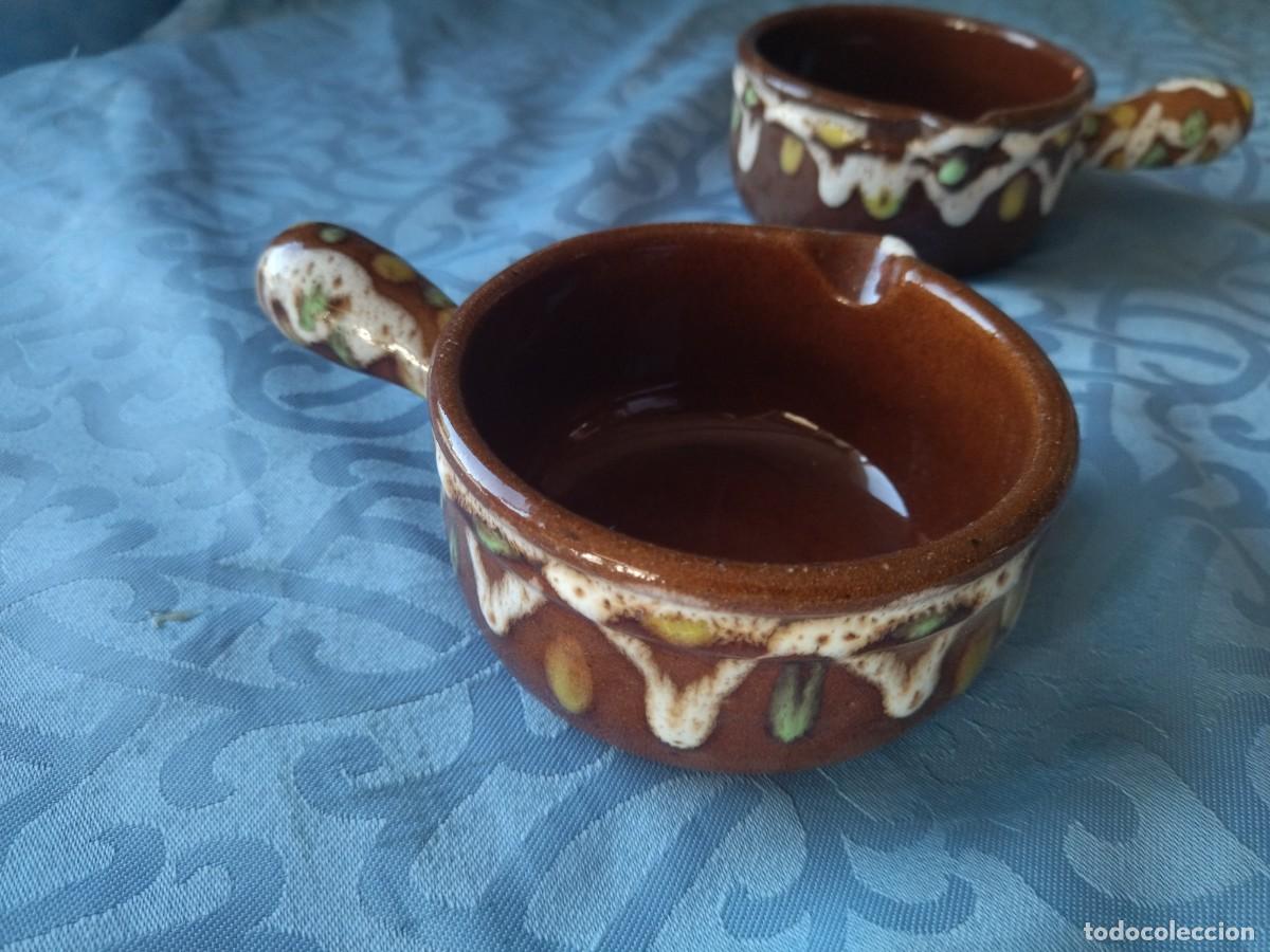 Antig&uuml;edades: Lote de 2 cazuelitas de gres con mango, Gres pot Digoin France - Foto 4