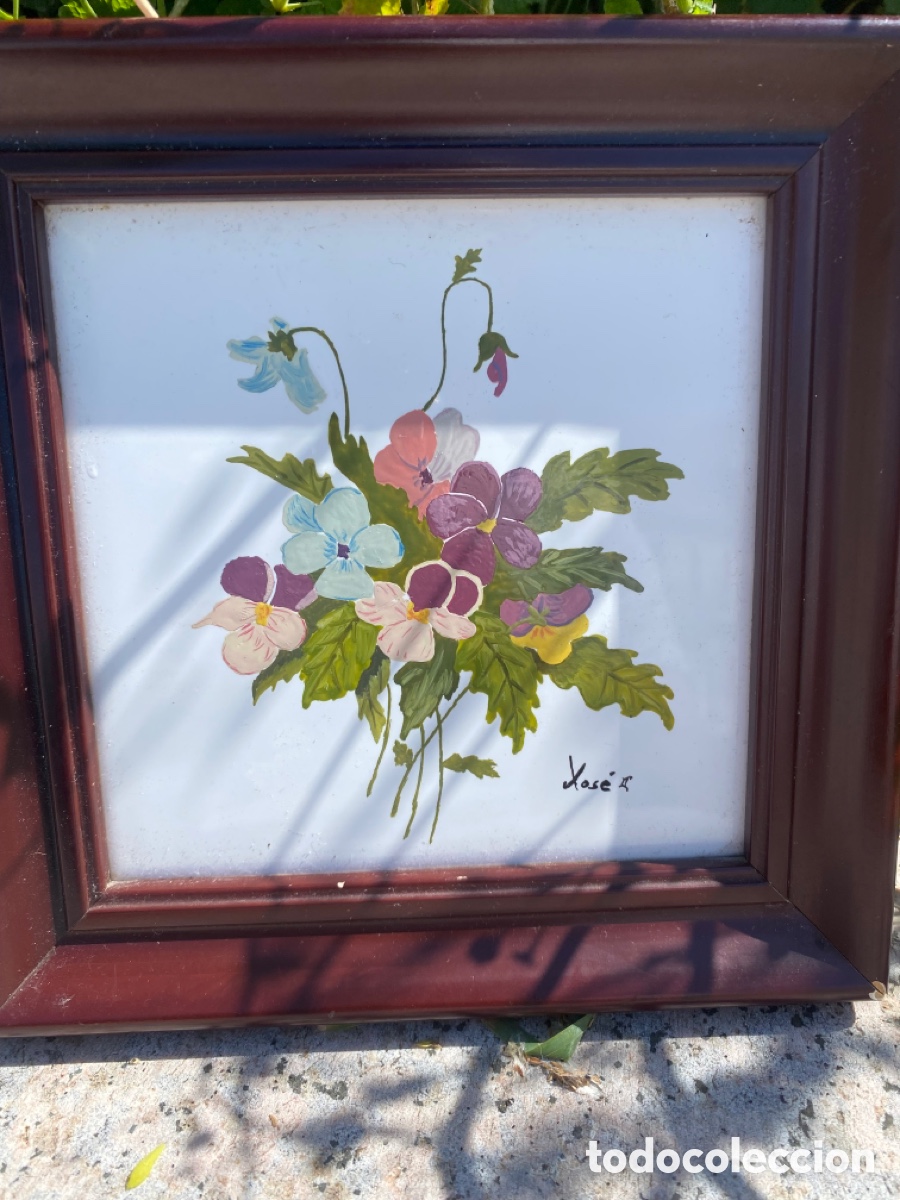 Antig&uuml;edades: Azulejo enmarcado pintado con firma - Foto 2