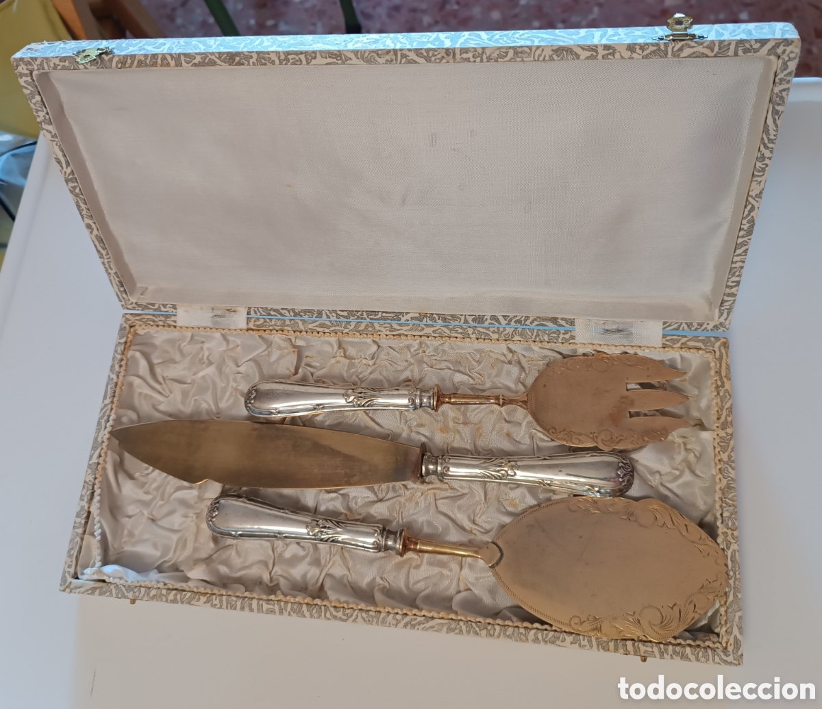 Antig&uuml;edades: CAJA ESTUCHE cubiertos servir postre, ba&ntilde;o de plata. - Foto 1