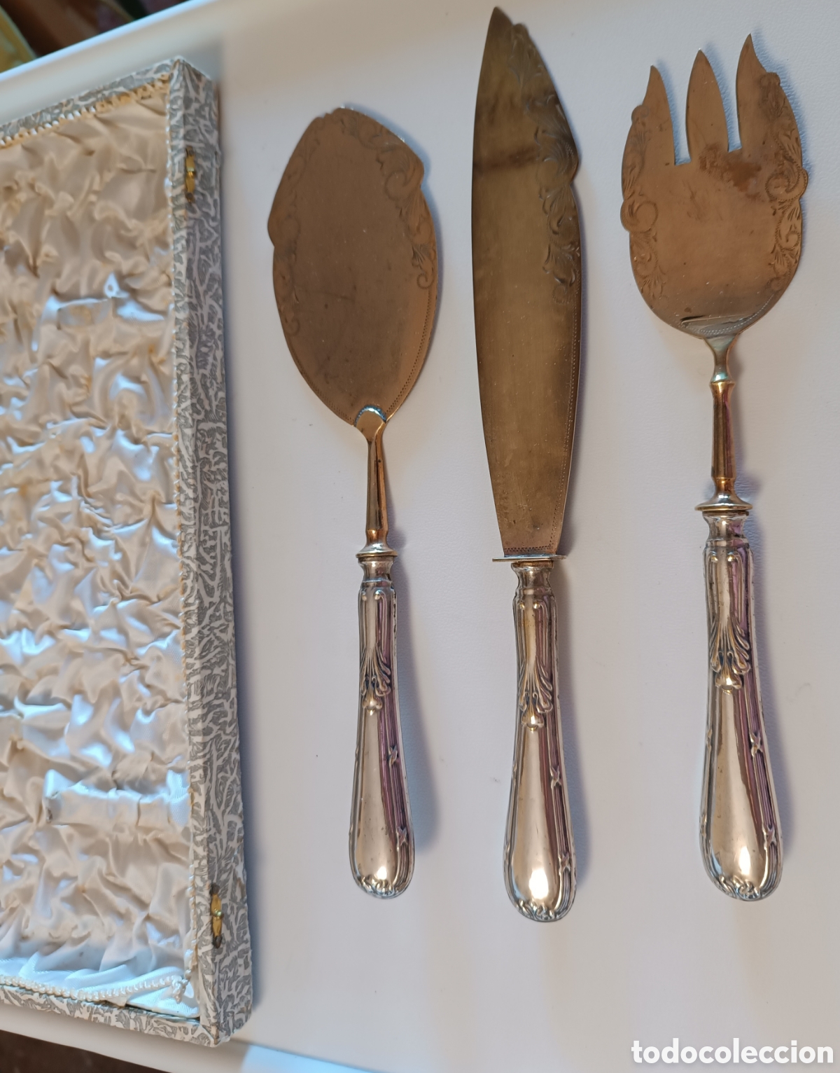 Antig&uuml;edades: CAJA ESTUCHE cubiertos servir postre, ba&ntilde;o de plata. - Foto 4