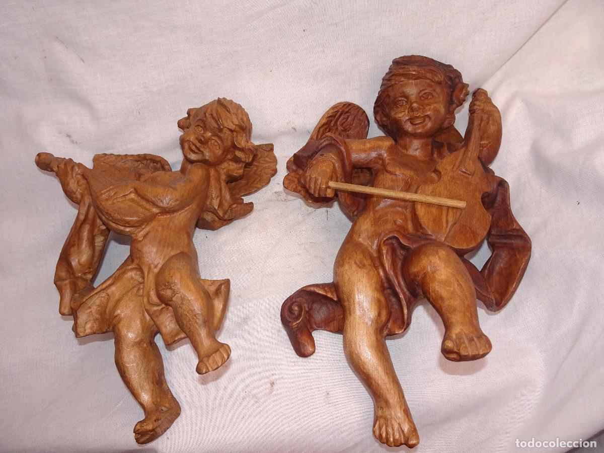 Antig&uuml;edades: Angelitos de madera tallada,pareja. - Foto 1