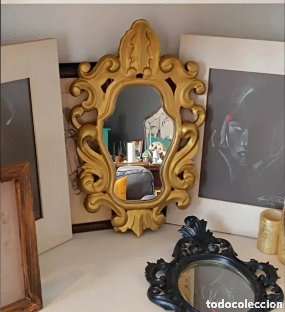 Antig&uuml;edades: Espejo Decorativo de Estilo Rococ&oacute; en Dorado - Foto 1