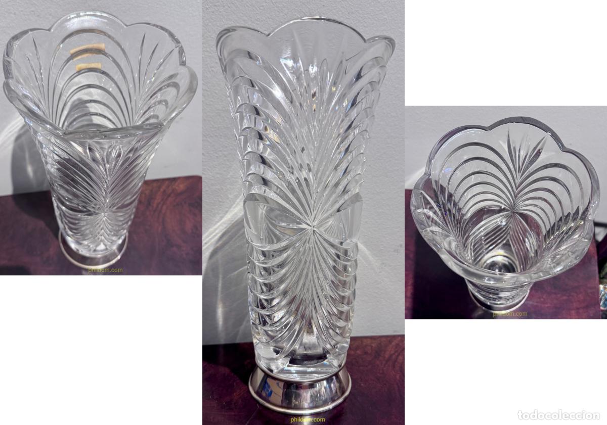 Antig&uuml;edades: JARRON CRISTAL TALLADO PIE DE PLATA 32cm - Foto 1