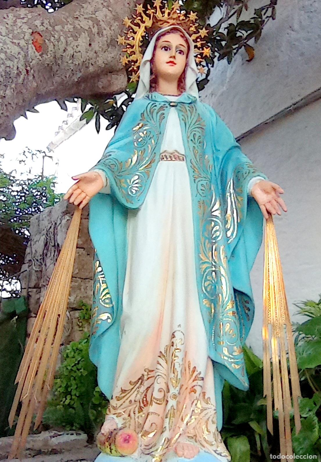 Antig&uuml;edades: 58 CM - Magnifica Virgen Milagrosa antigua de Olot - ojos de vidrio - completa - estofado oro fino