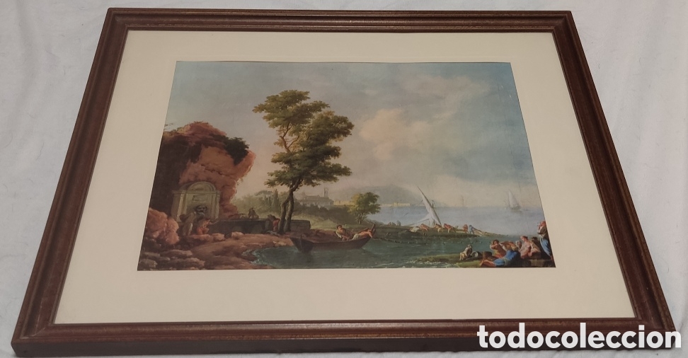 Antig&uuml;edades: L&aacute;mina enmarcada Paysage &agrave; la barque - Foto 2