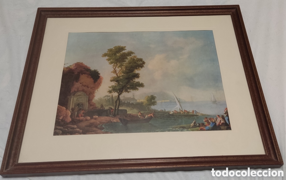 Antig&uuml;edades: L&aacute;mina enmarcada Paysage &agrave; la barque - Foto 1