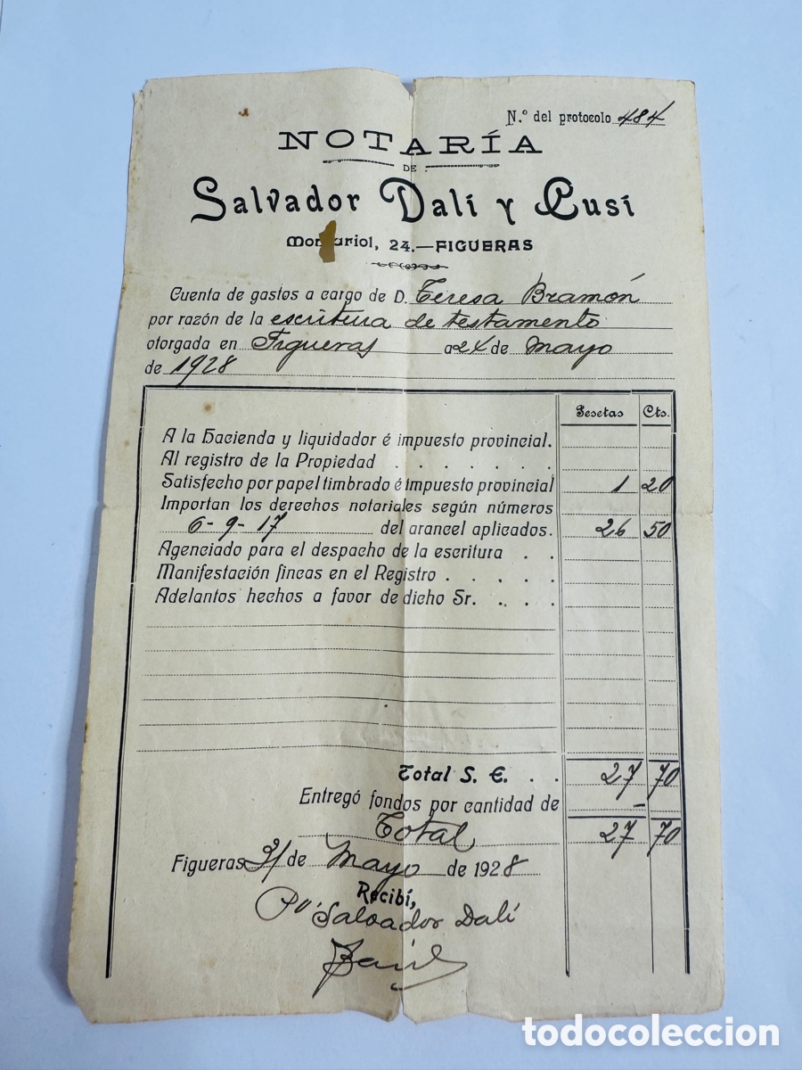 Antig&uuml;edades: Hoja Factura Notar&iacute;a Salvador Dal&iacute; i Cus&iacute; - Figueras 1928 Pintura Surrealismo