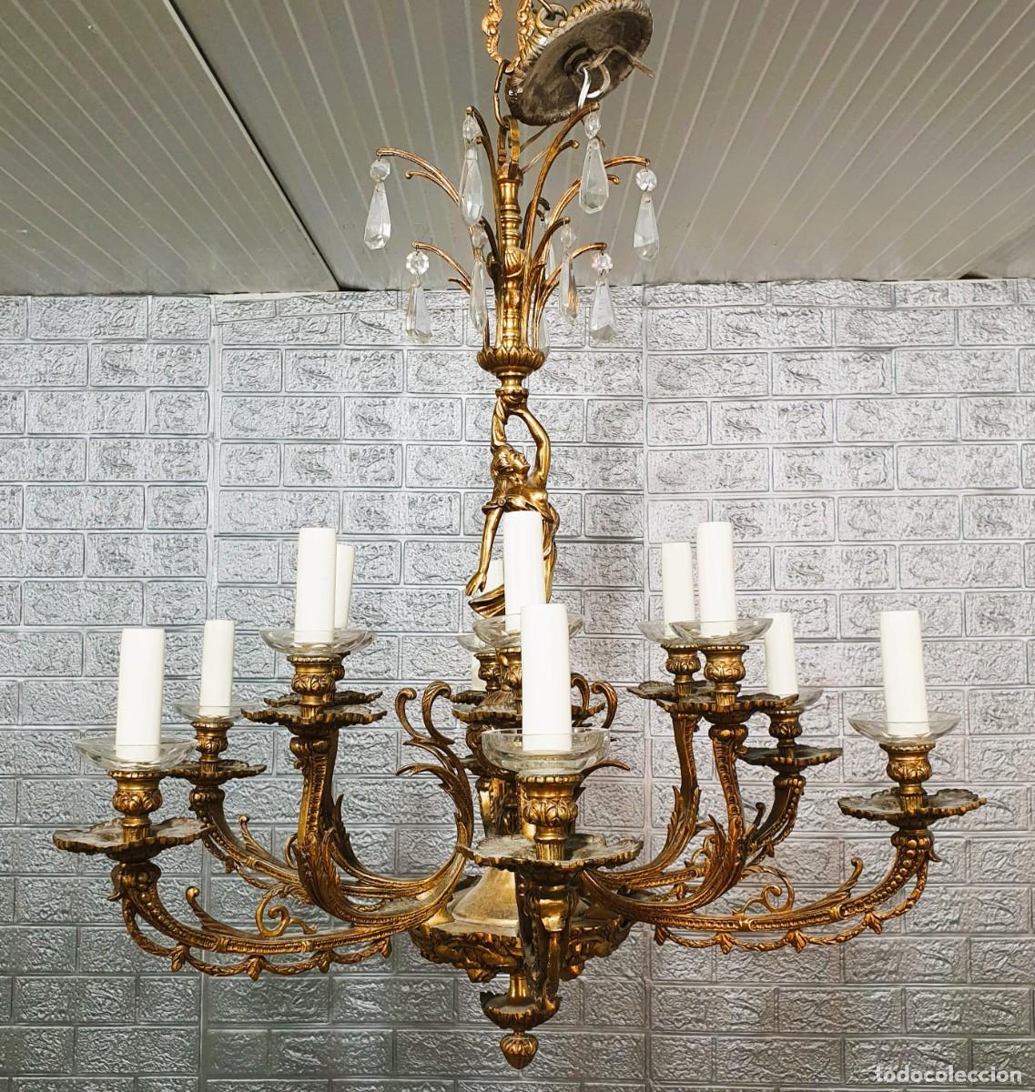 Antig&uuml;edades: Antigua lampara de bronce y cristal - Foto 2